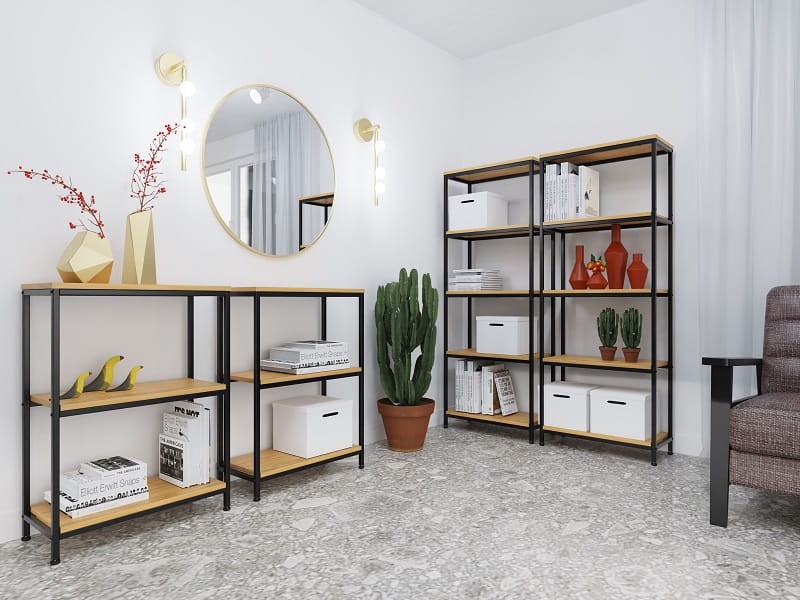 Salon, Meble loftowe do salonu - kolekcja LOFT - Styl loftowy - salon. Kolekcja LOFT to propozycja polskiego producenta mebli - ABM. Na zdjęciu aranżacja salonu z regałami i konsolami.