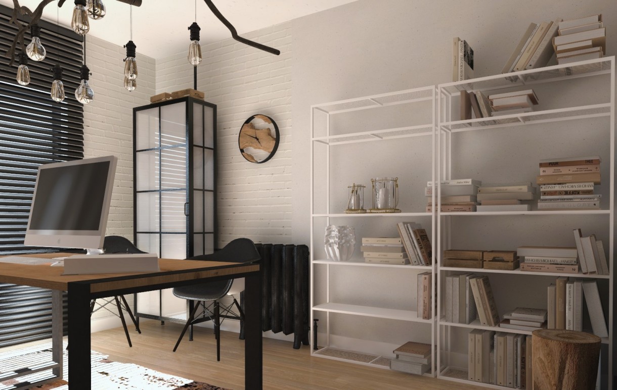 Gabinet, domowe biuro w stylu soft-loft - Aranżacja niewielkiego domowego gabinetu w stylistyce softloftowej, z wykorzystaniem naszego asortymentu.
Popularna kolorystyka oparta na naturalnych kolorach Ziemi uzupełniona nieśmiertelnym kontrastem czerni i bieli.