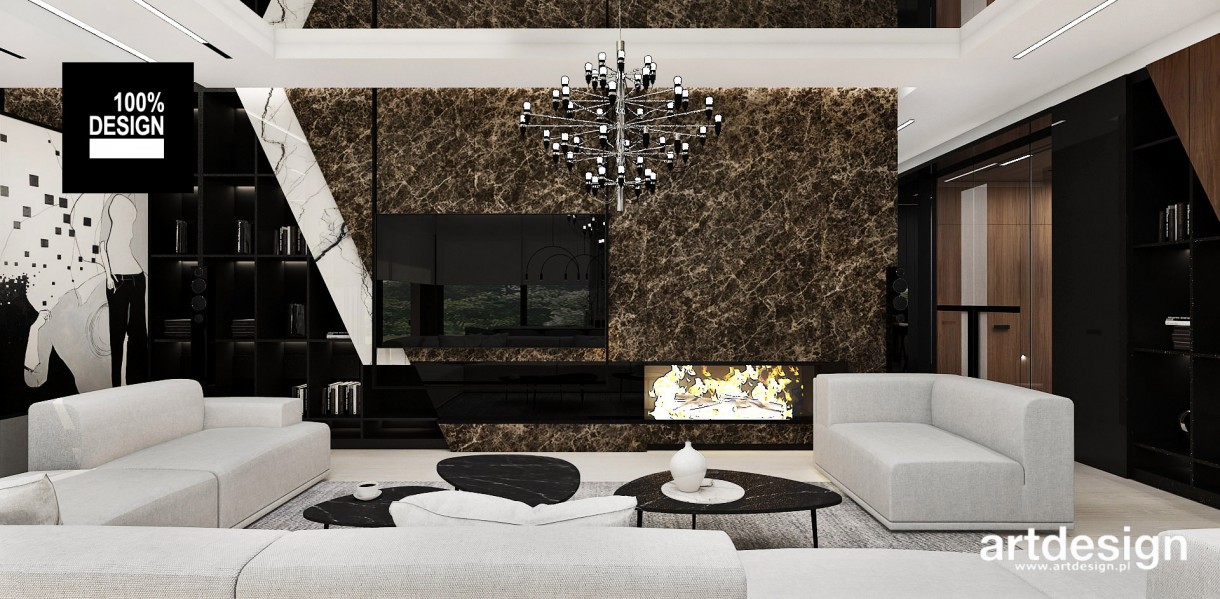 Salon, Elegancko, z charakterem! CRAZY ABOUT INTERIORS - Nowoczesny styl, dynamiczne kompozycje, wyraziste faktury materiałów – to główne cechy wnętrza, które w założeniu ma być eleganckie, ale z pazurem :) W salonie uwagę zwraca ściana z kominkiem i TV. Płaszczyzna zakończona jest ukośnym cięciem, które dodaje dynamiki.