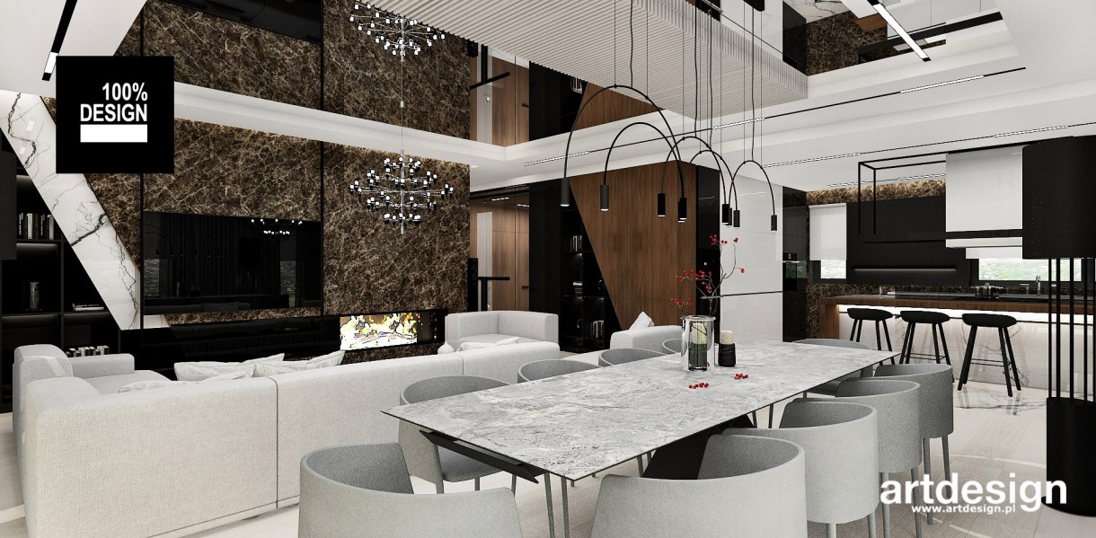 Salon, Elegancko, z charakterem! CRAZY ABOUT INTERIORS - Nowoczesny styl, dynamiczne kompozycje, wyraziste faktury materiałów – to główne cechy wnętrza, które w założeniu ma być eleganckie, ale z pazurem :) W salonie uwagę zwraca ściana z kominkiem i TV. Płaszczyzna zakończona jest ukośnym cięciem, które dodaje dynamiki.