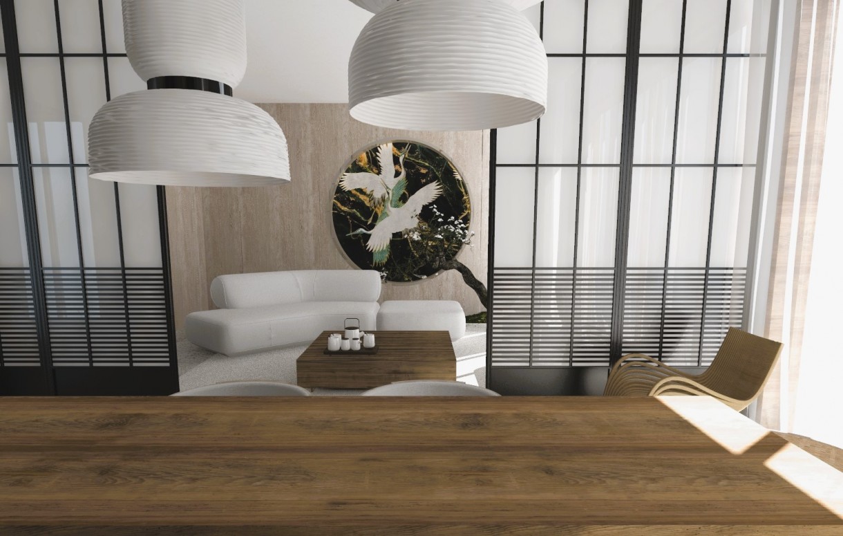 Salon, apartament w stylu japandi - Nasza interpretacja stylu w aranżacji wnętrz apartamentu - biel i czerń, drewno.... Prostota formy z wykorzystaniem elementów stylu loftowego w innej odsłonie.