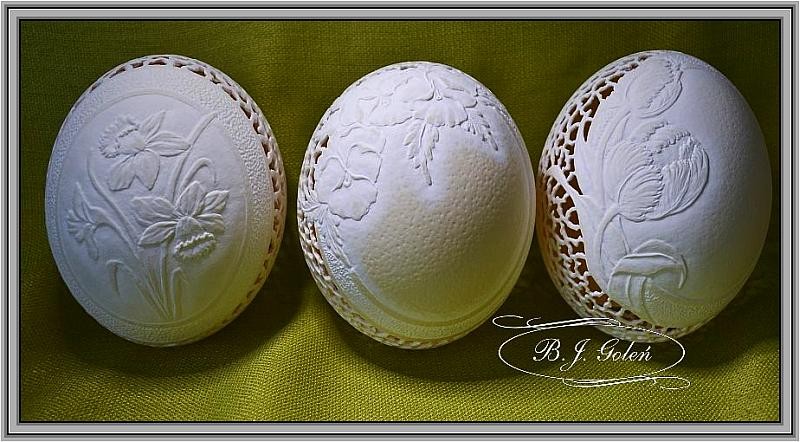 Dekoratorzy, Egg art - Pisanka strusia Tulipany - Bogusława Justyna Goleń - Tulipany, bratki, żonkile rzeźbione jajko, pisanka - Bogusława Justyna Goleń