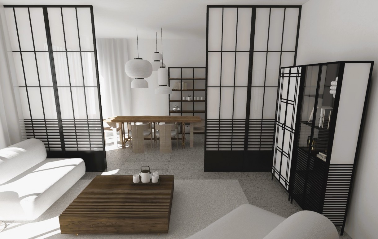 Salon, apartament w stylu japandi - Nasza interpretacja stylu w aranżacji wnętrz apartamentu - biel i czerń, drewno.... Prostota formy z wykorzystaniem elementów stylu loftowego w innej odsłonie.