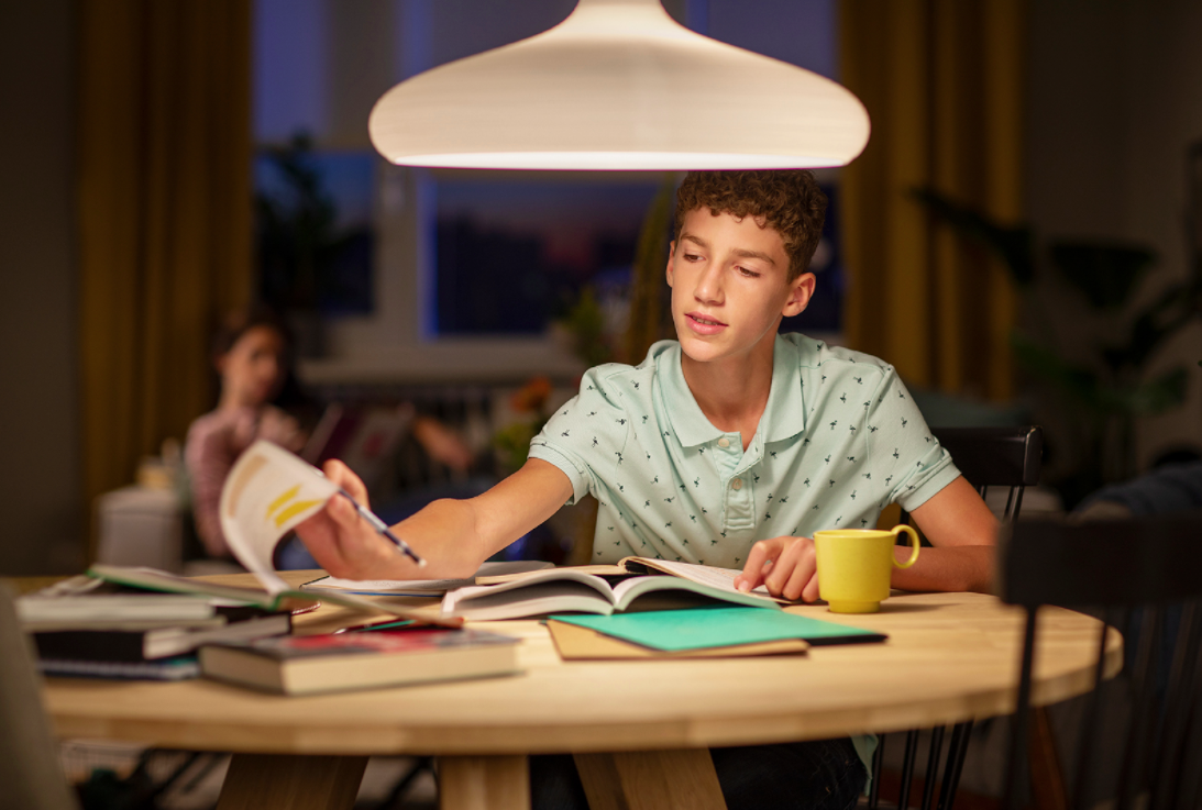 Chłopak uczy sie przy stole, 