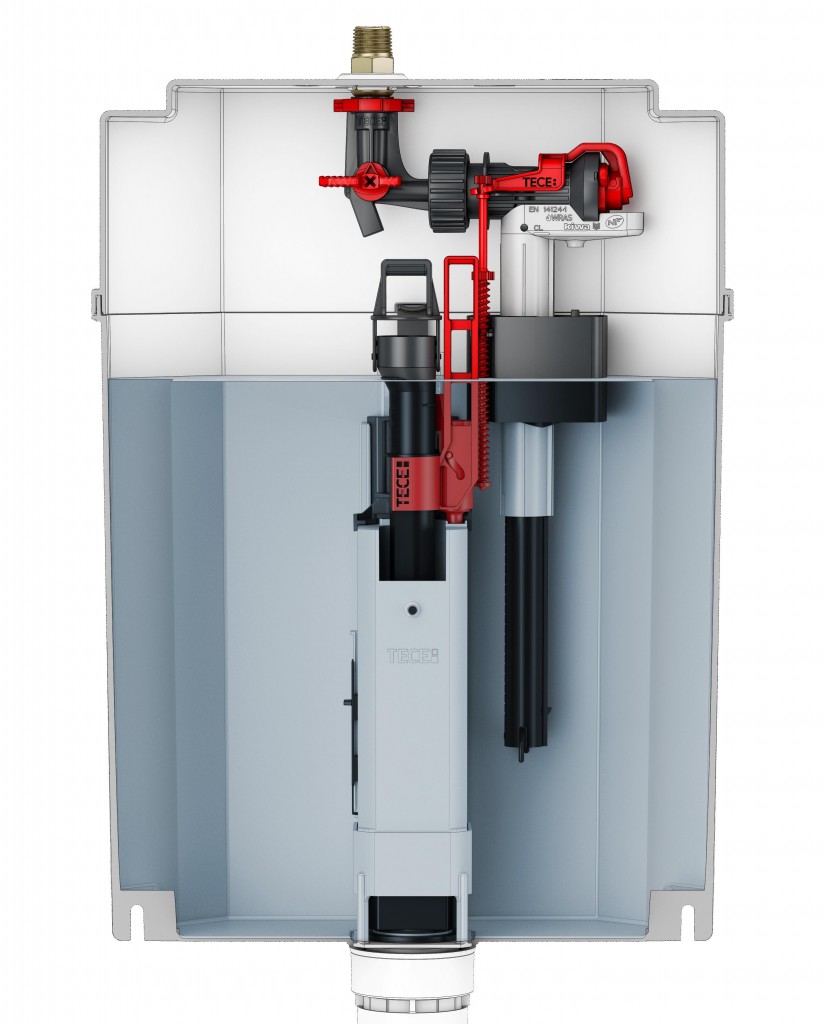 Łazienka, Niski i wąski – stelaże WC na łazienkowe wyzwania - Moduł wyposażony został w wydajną, wstępnie zmontowaną spłuczkę o objętości 7 l. Fabryczne ustawienia wynoszą 6 i 3 l - odpowiednio dla dużej i małej ilości spłukiwania. Suwak na zaworze spustowym pozwala dodatkowo na zmianę ilości spłukiwania na 4,5/3 lub 4/2 litra. Cichy zawór napełniający F10 posiada zintegrowany z nim trójdrogowy zawór odcinający umożliwiający przepłukanie instalacji po podłączeniu – bez konieczności demontowania całego elementu napełniającego i przy zachowaniu szczelności połączenia. fot. TECE