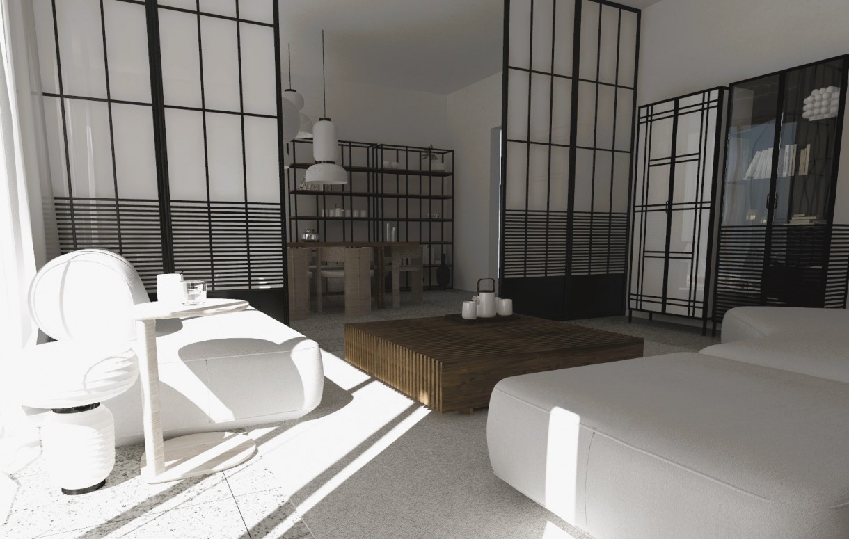 Salon, apartament w stylu japandi - Nasza interpretacja stylu w aranżacji wnętrz apartamentu - biel i czerń, drewno.... Prostota formy z wykorzystaniem elementów stylu loftowego w innej odsłonie.